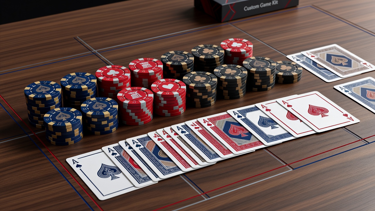 Pokerchips mit abgestimmten Farben neben passenden Spielkarten und Tischoberfläche in einem Custom-Game-Kit