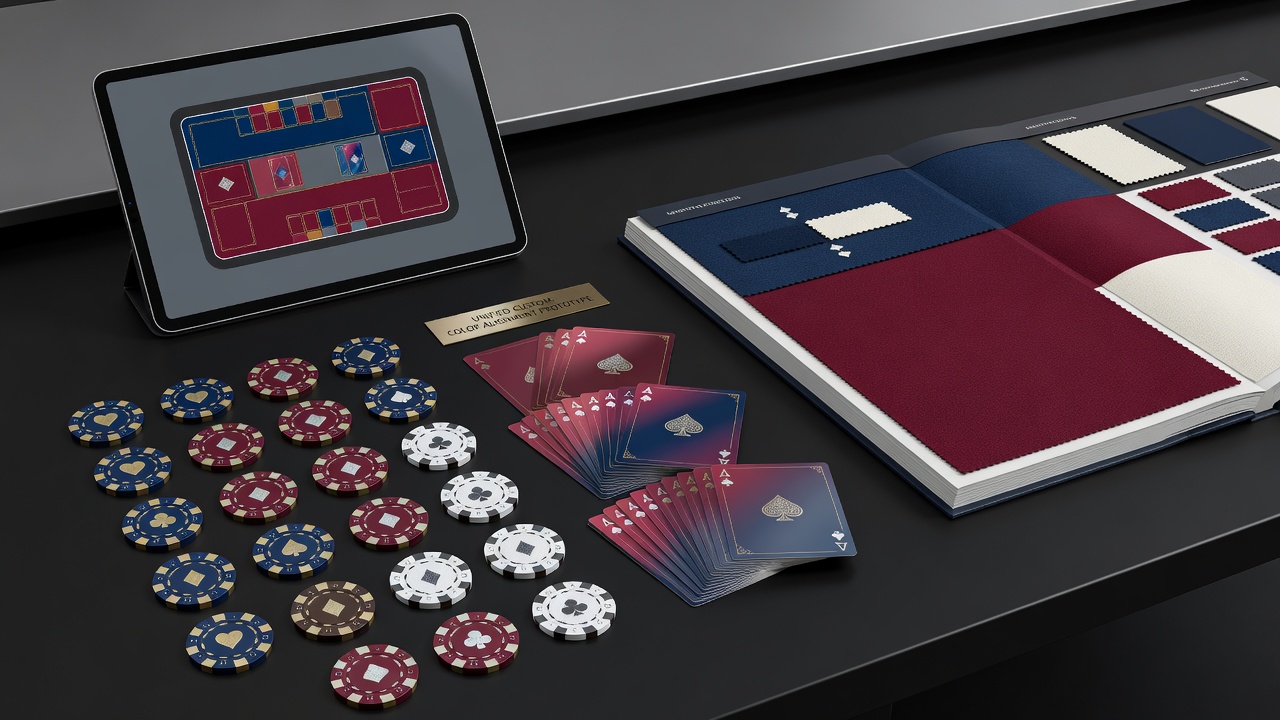 Detaillierte Ansicht eines abgestimmten Poker-Sets mit Chips, Karten und Tisch in harmonischen Farben
