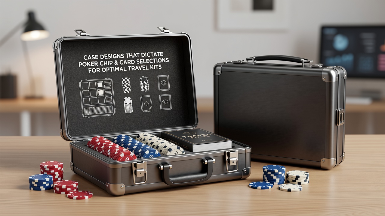 Detailansicht eines geöffneten Reise-Poker-Koffers mit Chips und Karten in optimierten Fächern