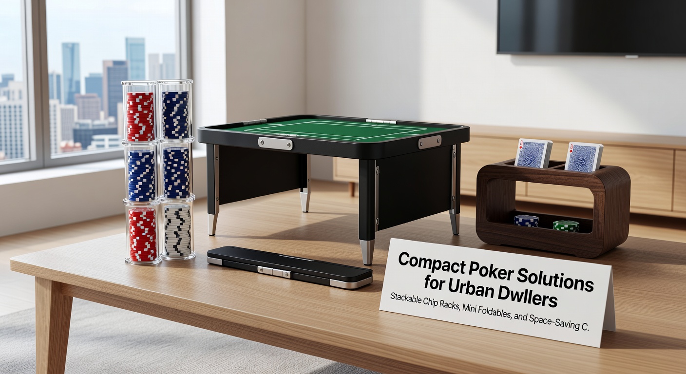 Mini-faltbarer Pokertisch in gefaltetem Zustand neben einem Stapel Chip-Racks, demonstriert platzsparende Lagerung in städtischer Umgebung