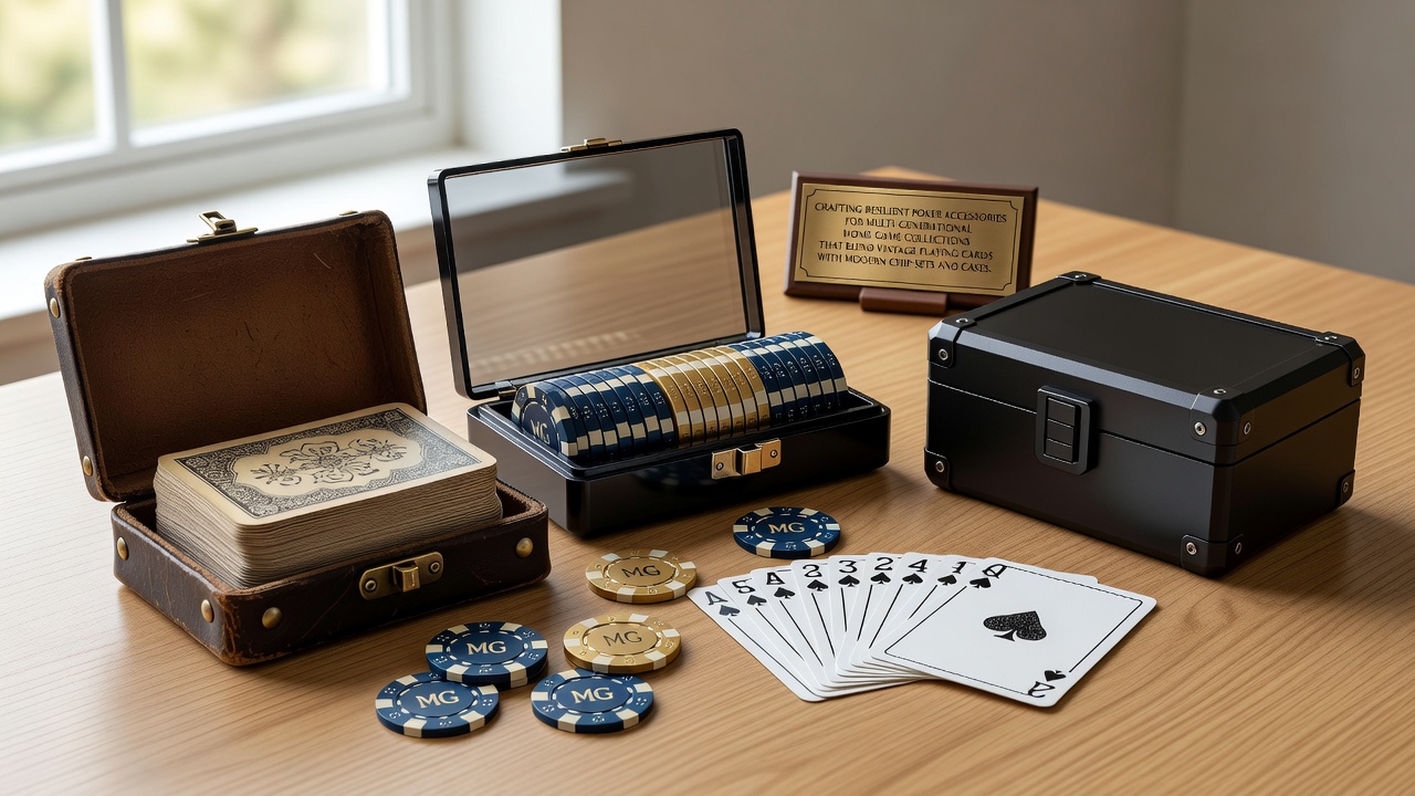 Vintage Poker-Karten neben modernen Chips und Cases in einer Heimspielumgebung