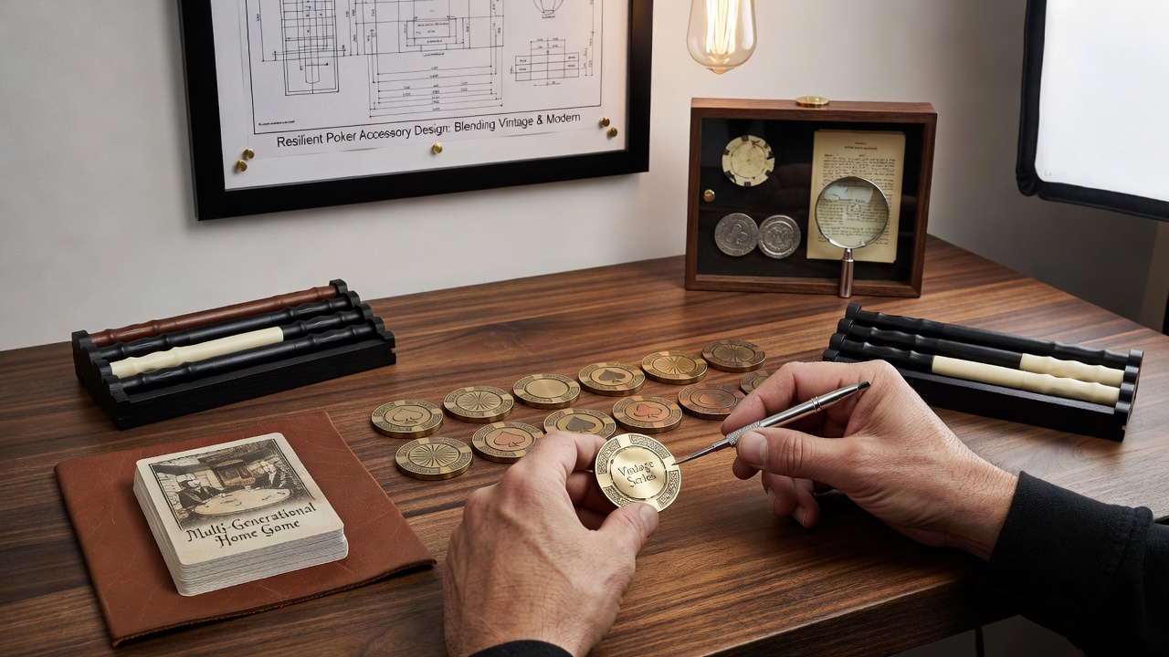 Detailansicht von Pokerchips und Vintage-Karten in einem robusten Case für langfristige Nutzung
