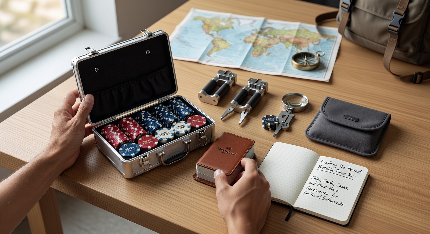 Kompaktes Poker-Set mit farbigen Chips, Karten und robustem Aluminiumetui, ideal für Reisen