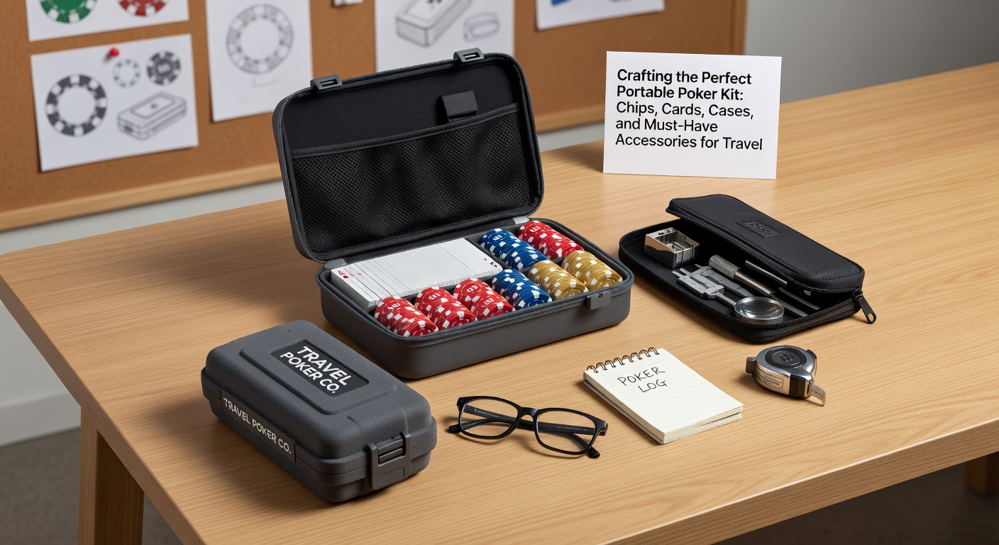 Offenes Etui mit sortierten Pokerchips, Kartenpack und Zubehör wie Dealer-Button und Würfeln auf grünem Filz