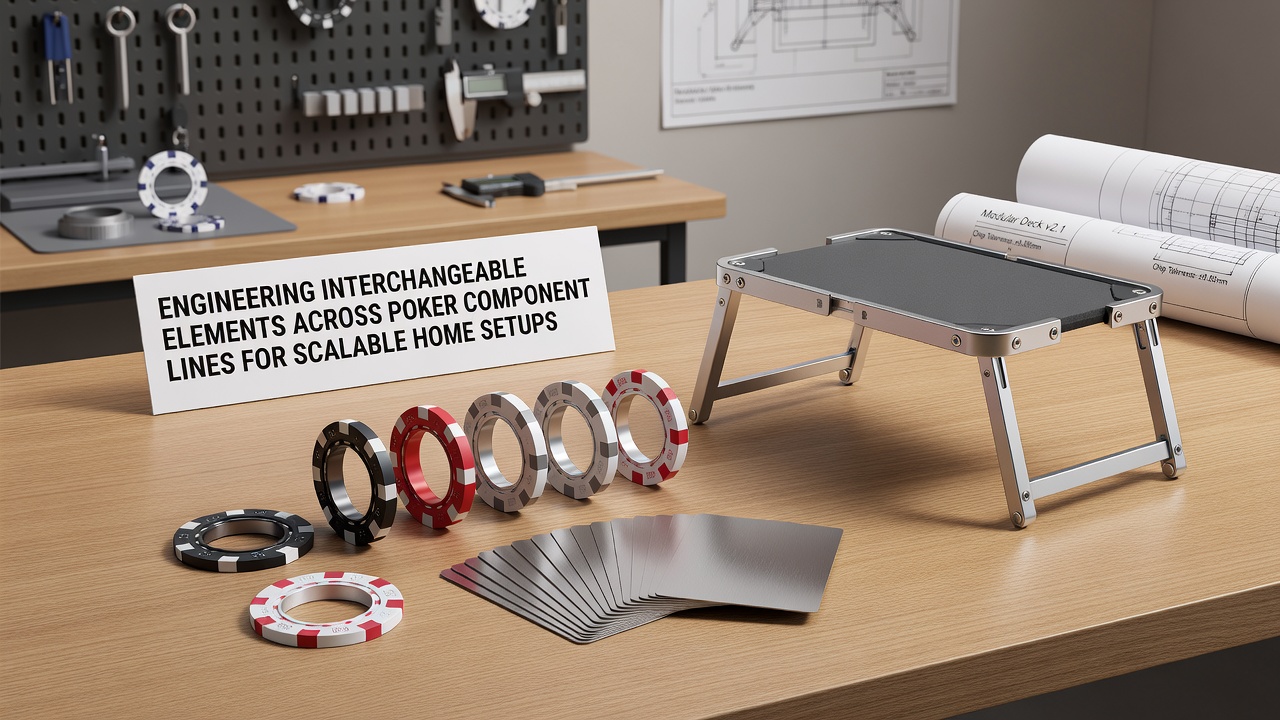 Technische Darstellung modularer Poker-Komponenten mit austauschbaren Racks und Chips für Heim-Setups