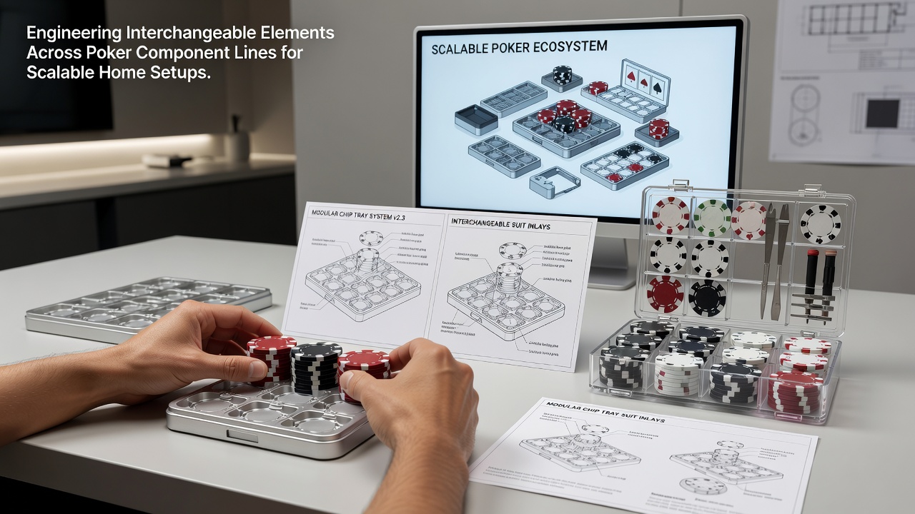 Detailansicht eines erweiterbaren Poker-Racks mit austauschbaren Elementen und kompatiblen Cases