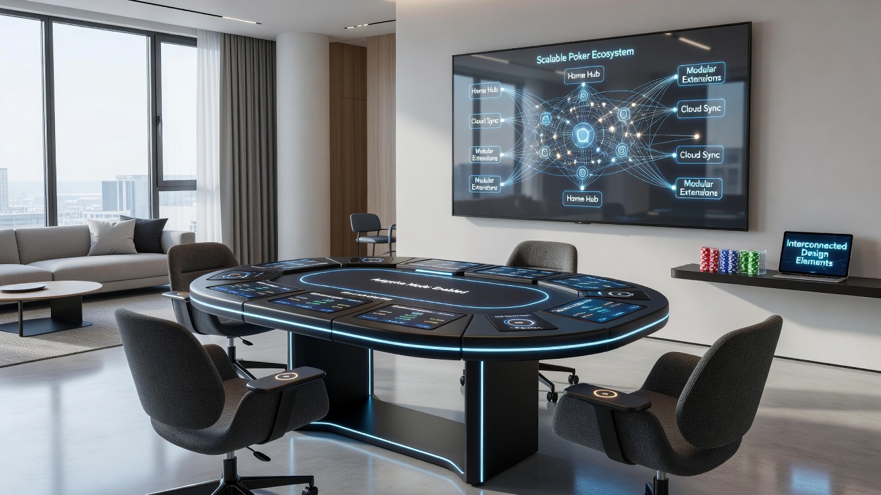 Vernetzte Komponenten eines modularen Poker-Ökosystems mit stapelbaren Racks und anpassbaren Cases für Heimnutzung