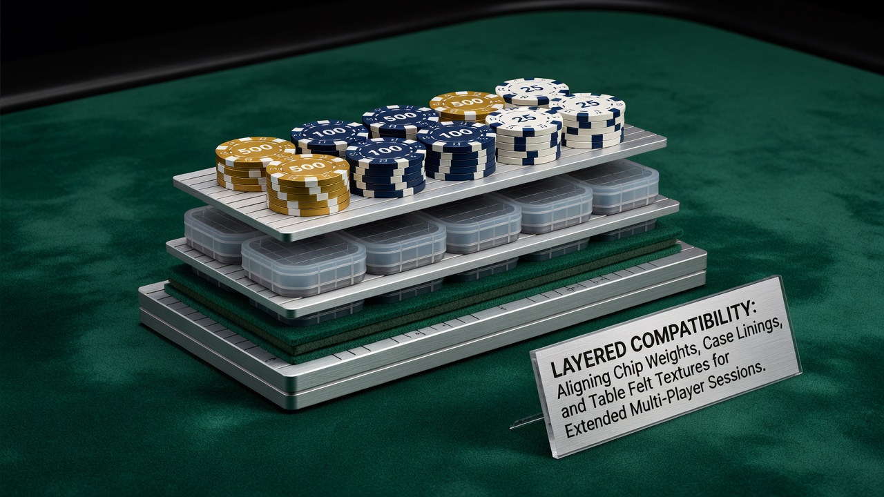 Darstellung von Pokerchips mit unterschiedlichen Gewichten neben einem Case mit passender Innenfutterauskleidung und Filztextur eines Spieltisches
