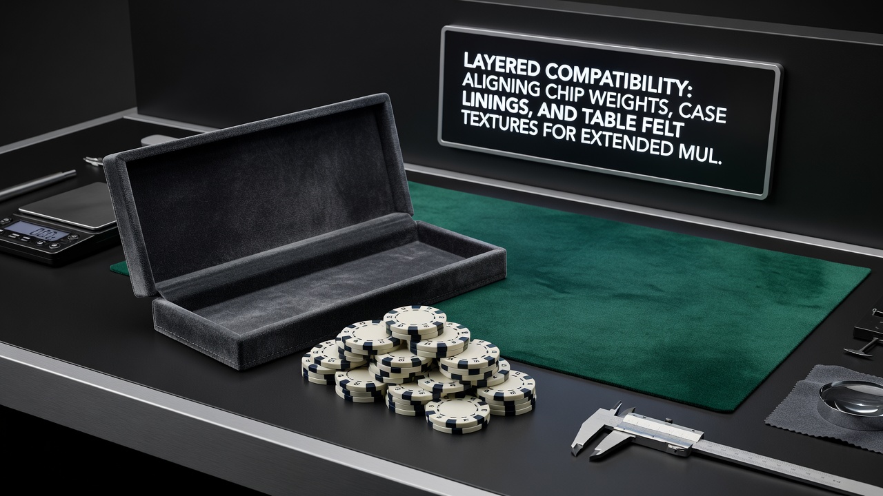 Nahaufnahme eines Poker-Spieltisches mit abgestimmtem Filz, gestapelten Chips und offenem Case mit passender Auskleidung