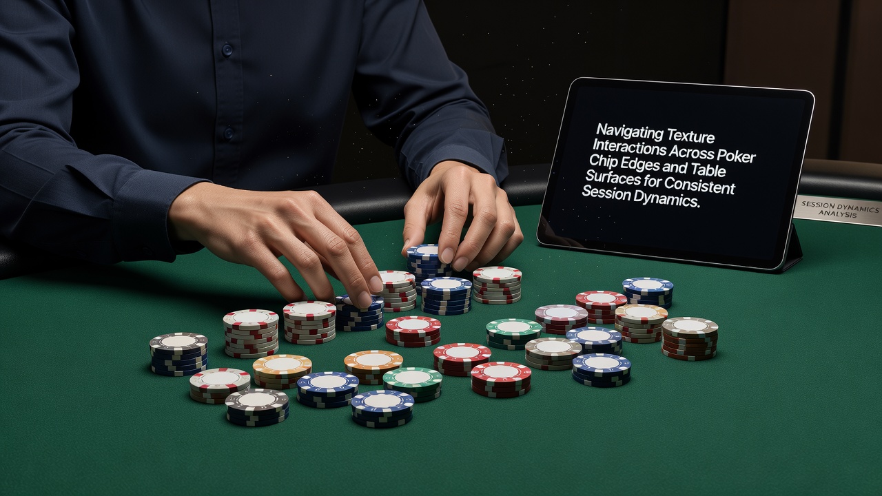 Vergleich verschiedener Pokerchip-Kantentexturen auf unterschiedlichen Tischoberflächen mit Fokus auf Reibungsverhalten