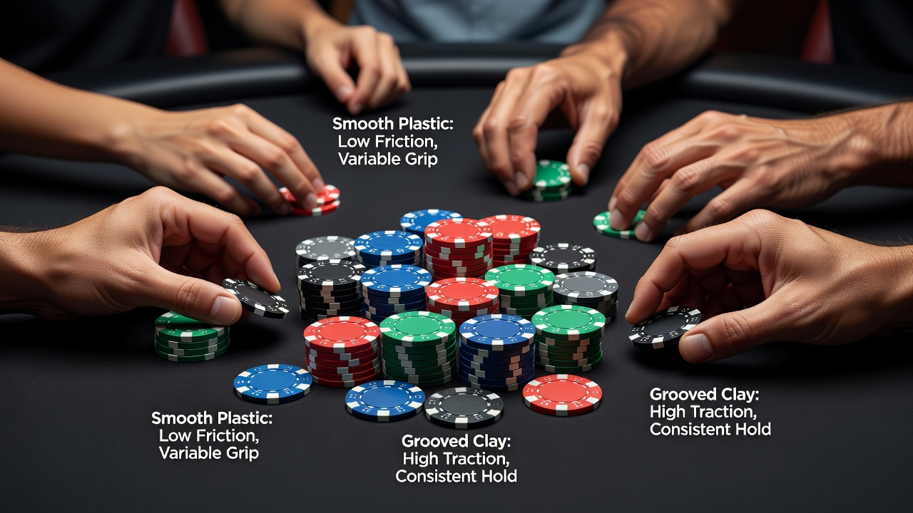 Verschiedene Pokerchip-Texturen im Vergleich: glatte, geriffelte und strukturierte Oberflächen unter Beleuchtung