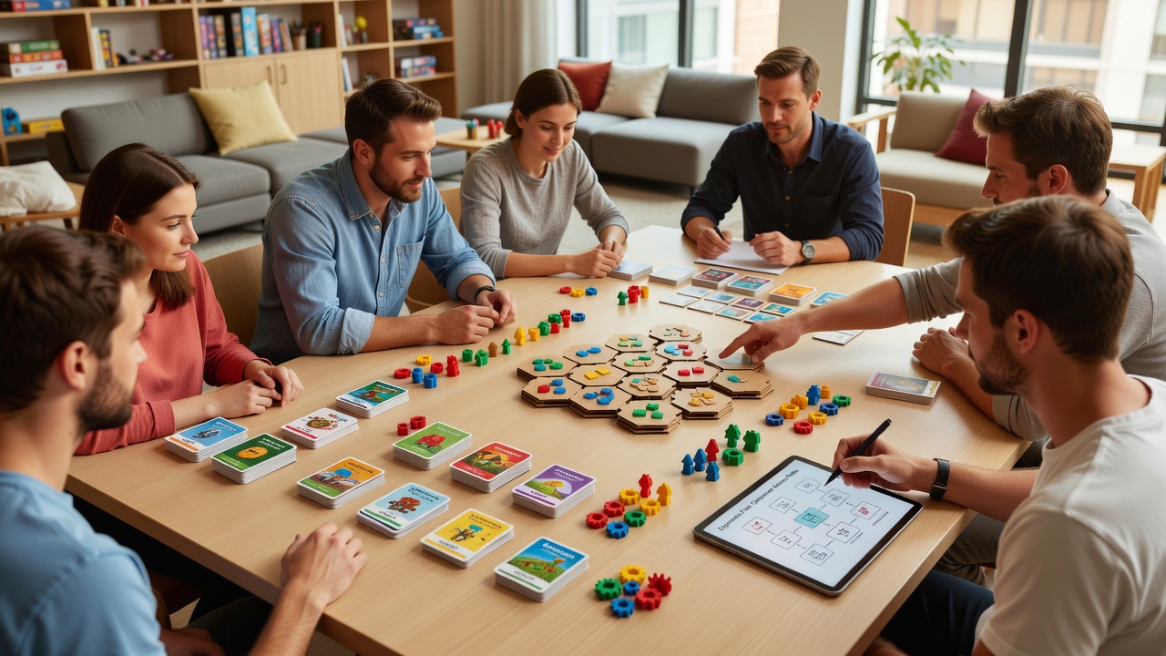 Detailaufnahme eines modularen Kartenspiel-Kits mit ergonomischen Griffen und farbcodierten Komponenten in einem Freizeitraum