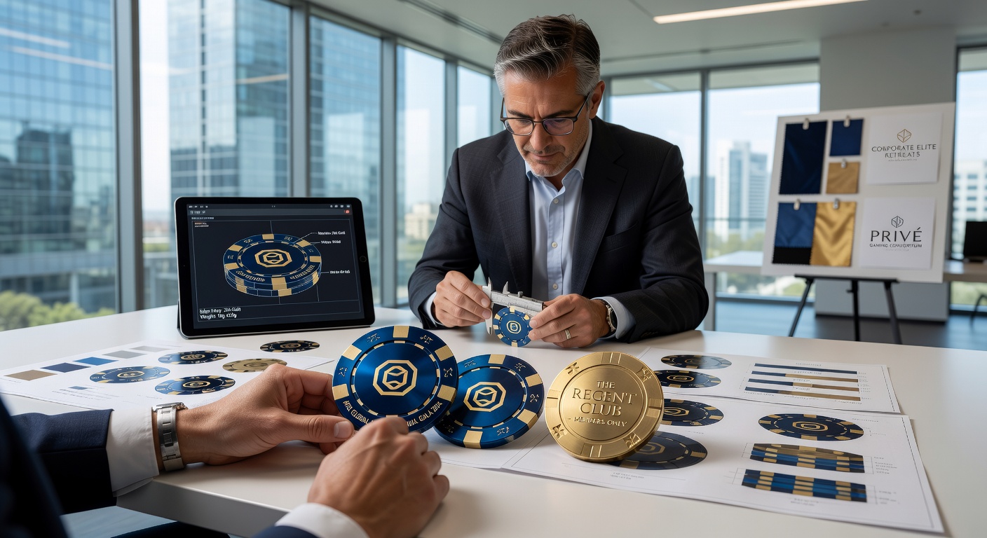 Fertige maßgeschneiderte Pokerchips in Schachteln mit Firmenlogo und Farbvarianten