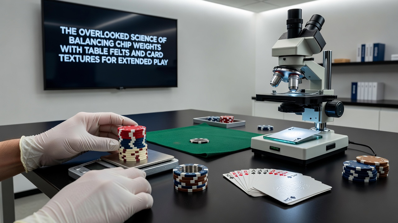 Detailaufnahme von Pokerchips, Filztextur und Kartenrücken mit Fokus auf Reibungsflächen