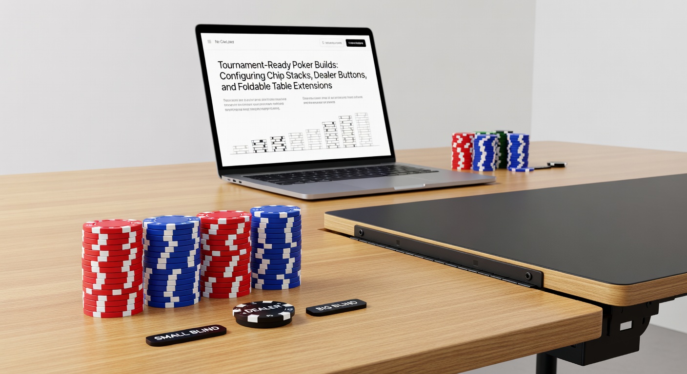 Professionelles Poker-Turnier-Setup mit präzise gestapelten Chips, Dealer-Button und erweiterbarem Tisch