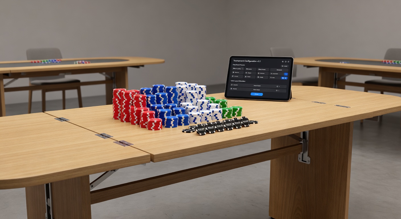 Ausklappbare Tischverlängerung im Einsatz bei einem Poker-Turnier mit konfigurierbaren Chip-Stacks und Dealer-Button