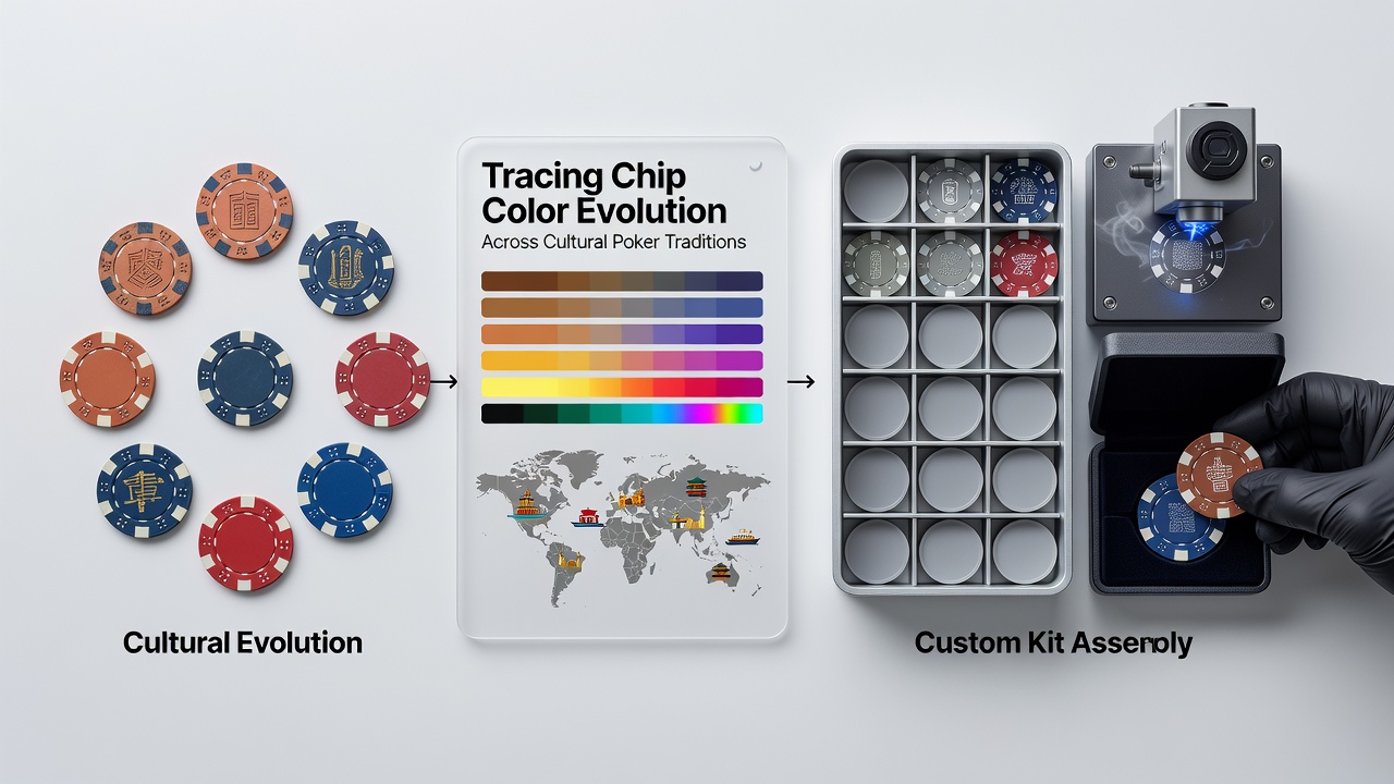 Zusammenbau eines individuellen Pokerchip-Kits mit verschiedenen Farben und Zubehör